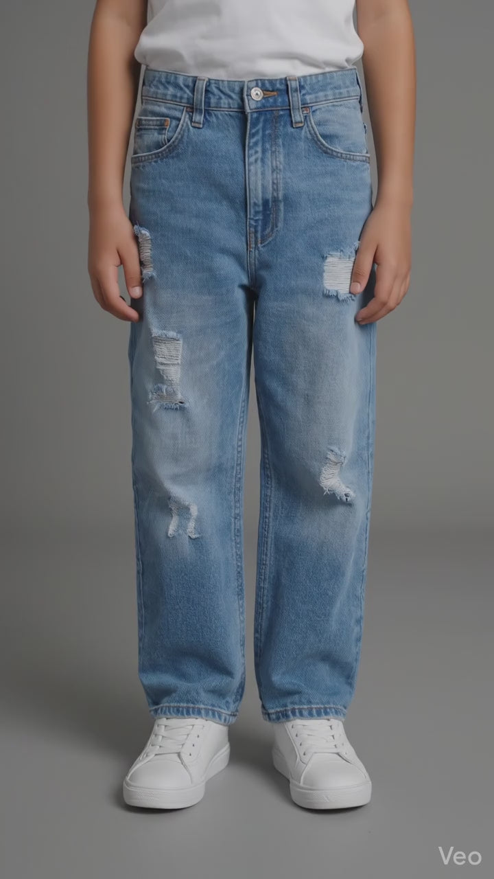 Blueurban Boys Relaxed Fit Heavy Distressed Light Blue Jeans